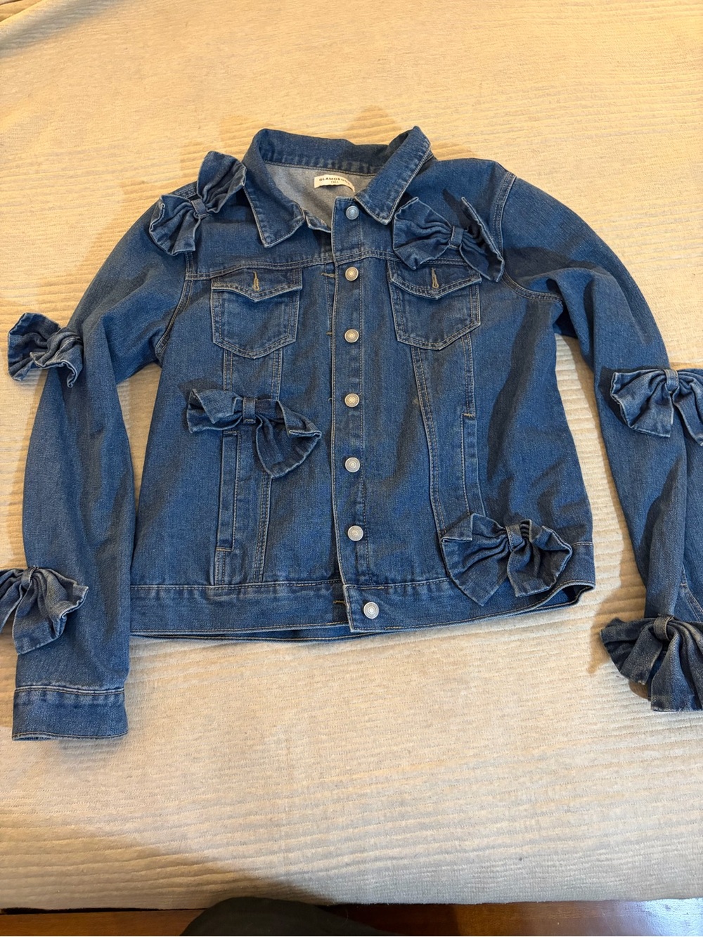 Glamorous Tall Denim Jacket Womens 16 Blue Bow Accent Button Front Jean Jacket - Picture 2 of 7